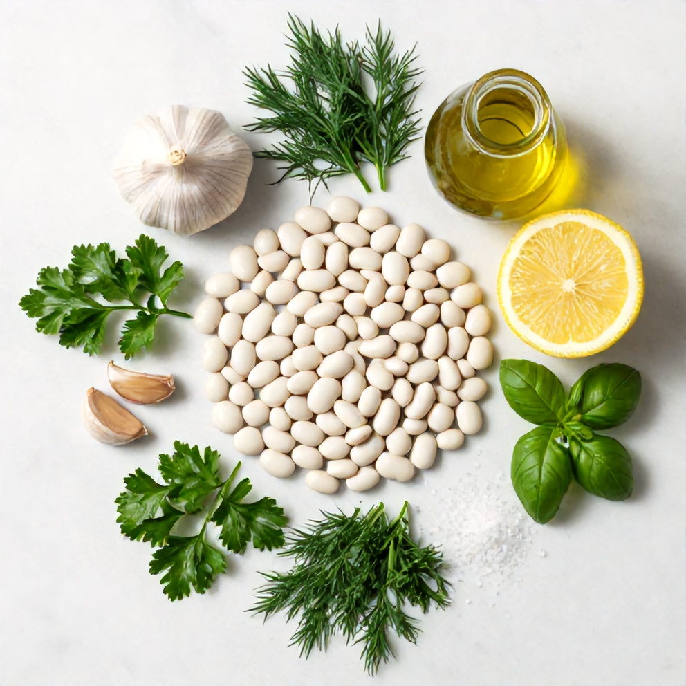 White beans, garlic, lemon, olive oil, fresh herbs, and salt arranged on a white marble surface