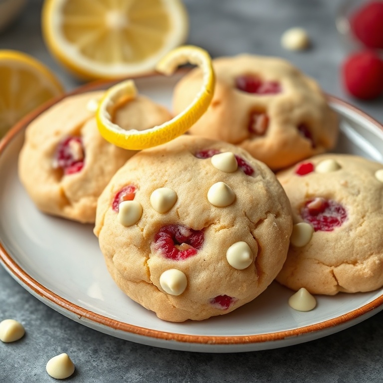 Perfectly plated lemon raspberry cookies with white chocolate chips. Garnished with a lemon twist. Close crop. Warm side lighting. Photorealistic food photography. No text. No watermark.