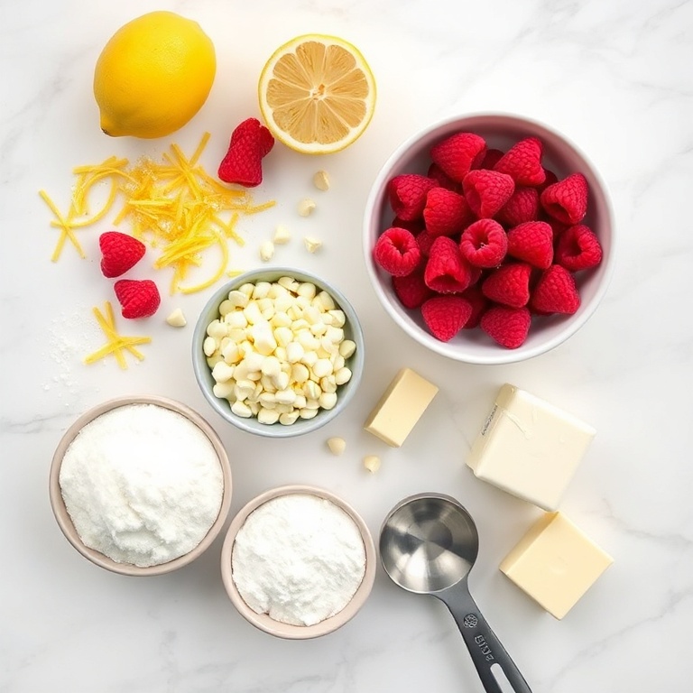 Overhead flat lay of lemon zest, fresh raspberries, white chocolate chips, flour, sugar, and butter. Measuring spoons and cups visible. White marble surface. Bright even light. No text. No watermark.