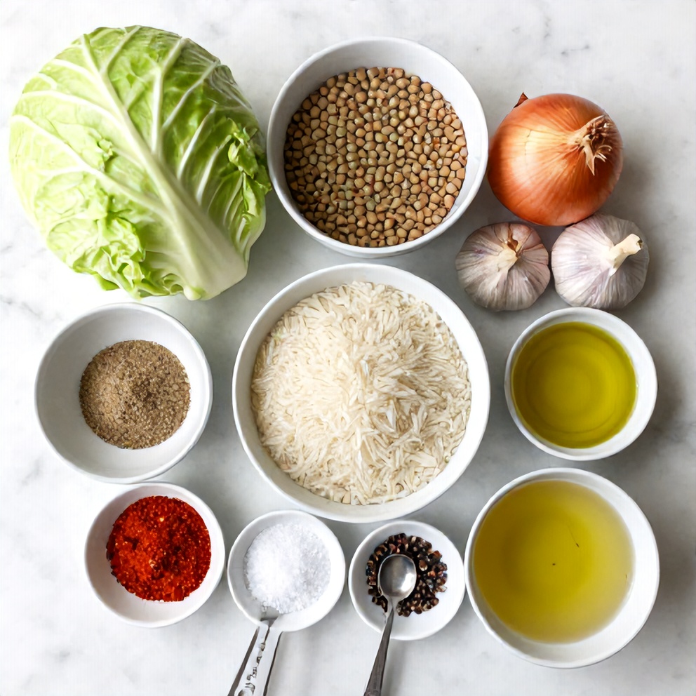 Raw ingredients for Lentil and Rice Stuffed Cabbage Rolls