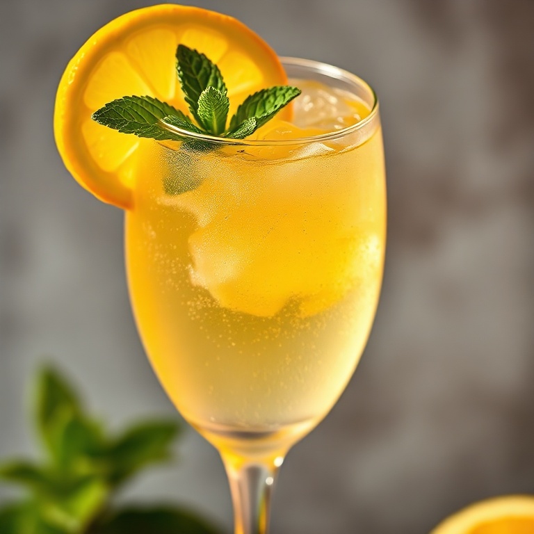 Glass of limoncello spritz with a lemon wheel and mint leaf on the rim