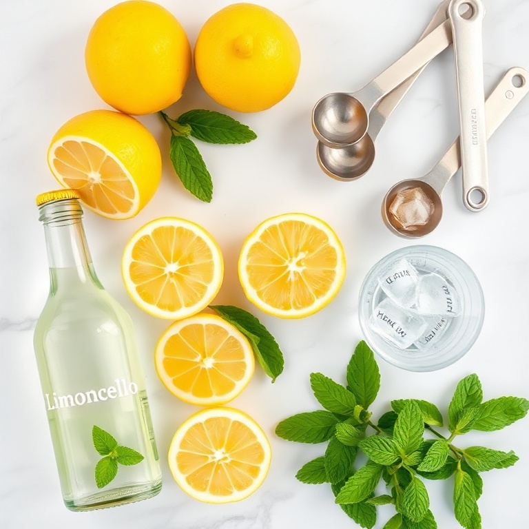 Fresh lemons, limoncello bottle, sparkling water, ice, and mint leaves arranged on a white marble counter