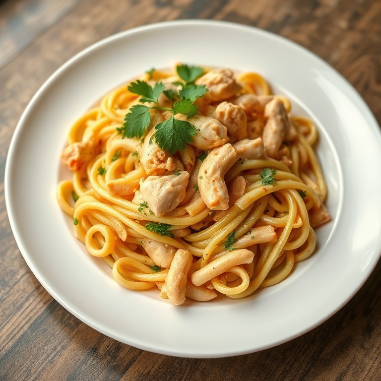 Perfect plated serving of chicken pasta salad. Garnished with cilantro. White ceramic plate. Warm side lighting showing texture. Photorealistic food photography.