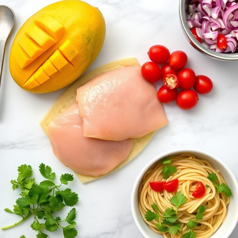 Fresh chicken breast, mango, pasta, cherry tomatoes, red onion, and cilantro. Measuring spoons and bowls visible. White marble surface. Bright even light.