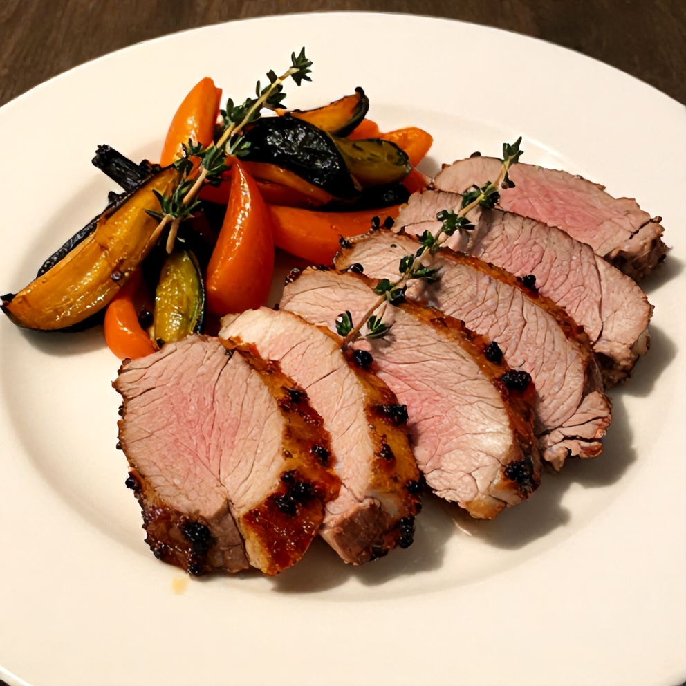 Plated serving of Maple Dijon Pork Tenderloin with fresh thyme and a side of roasted vegetables