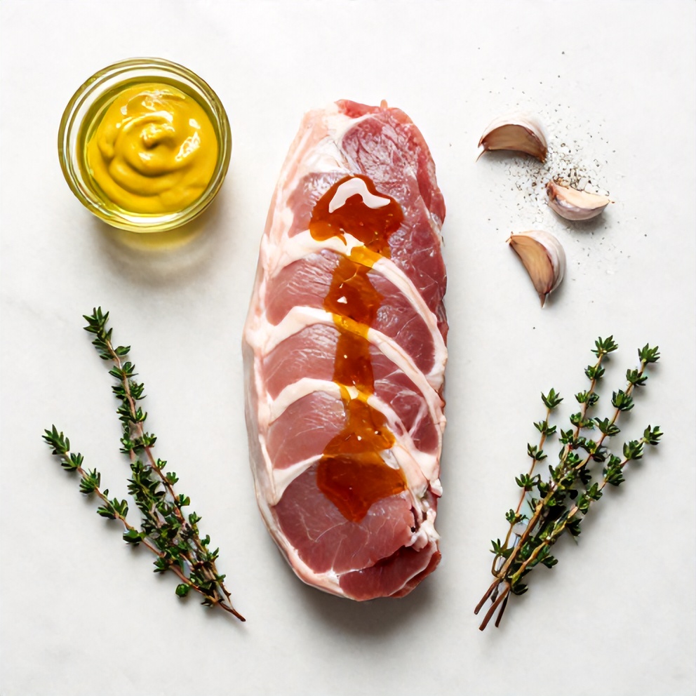Raw ingredients for Maple Dijon Pork Tenderloin: pork tenderloin, maple syrup, Dijon mustard, garlic, salt, pepper, olive oil, and fresh thyme