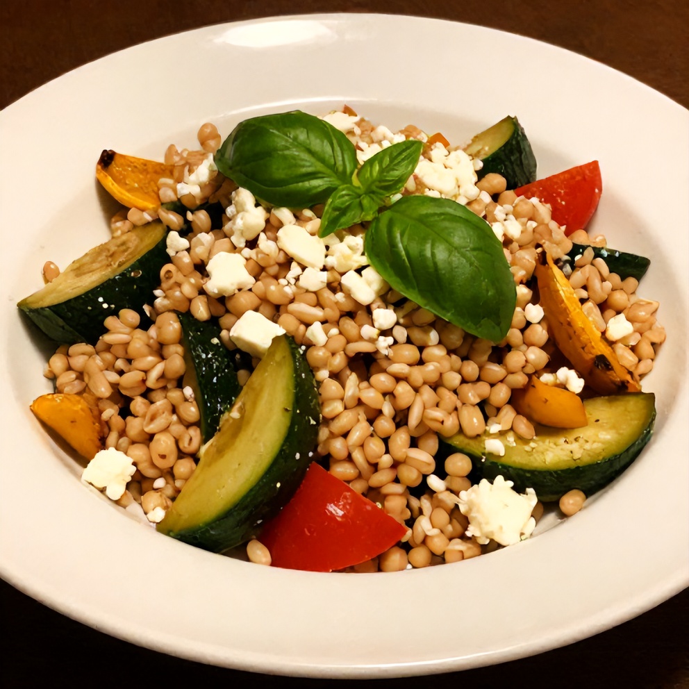 Plated farro salad with summer vegetables