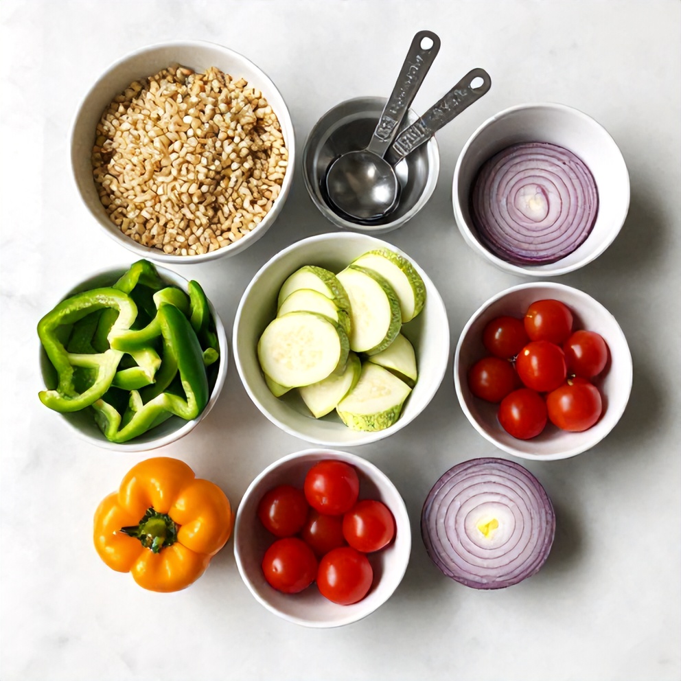Raw ingredients for farro salad