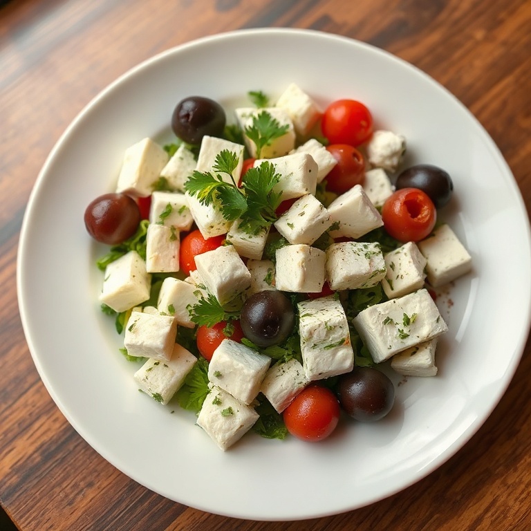A perfectly plated Greek salad with fresh feta, olives, and herbs on a white plate