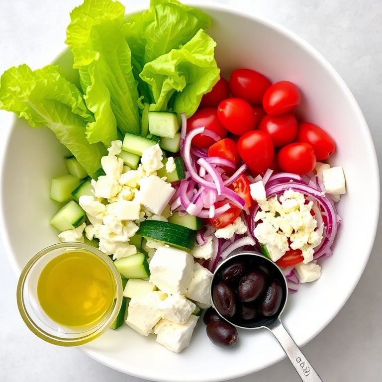Fresh ingredients for a Greek salad: lettuce, cherry tomatoes, cucumbers, red onions, crumbled feta, pitted olives, and olive oil in a white bowl