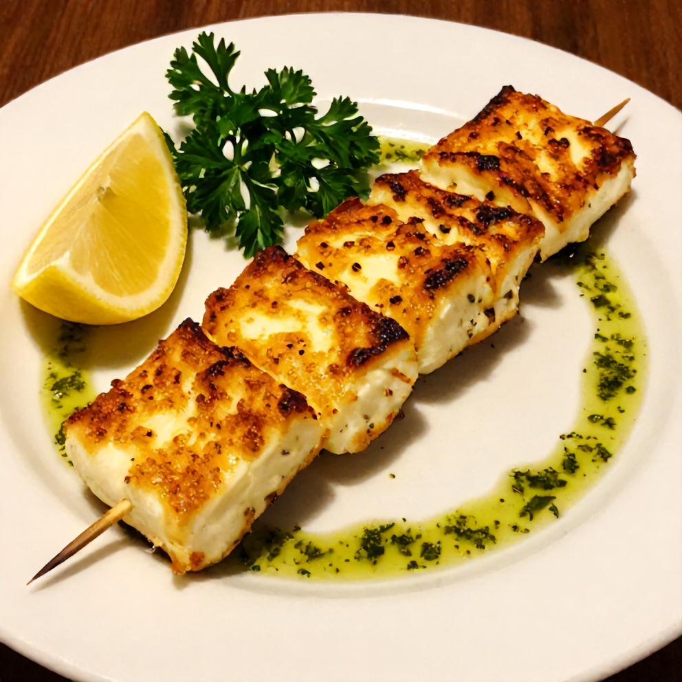 Plated Halloumi Skewers with herb sauce and lemon wedge