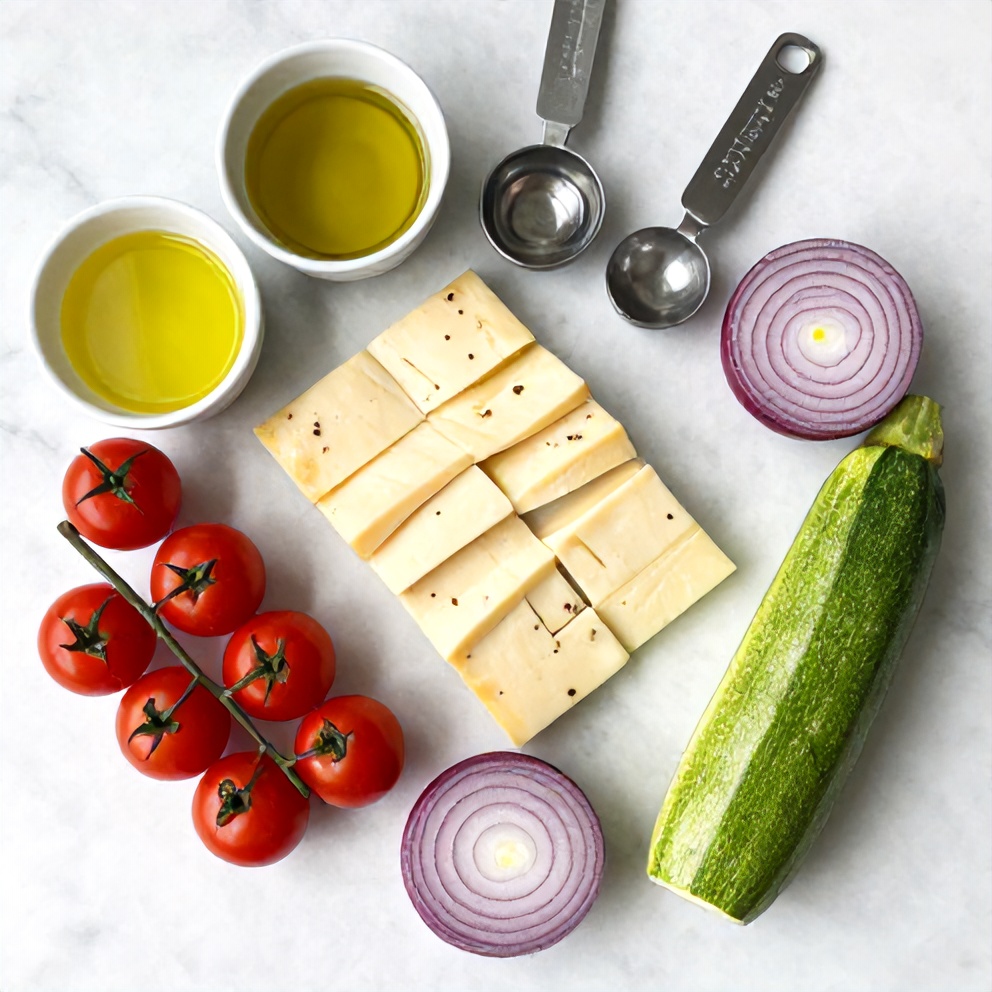 Raw ingredients for Halloumi Skewers on a marble surface