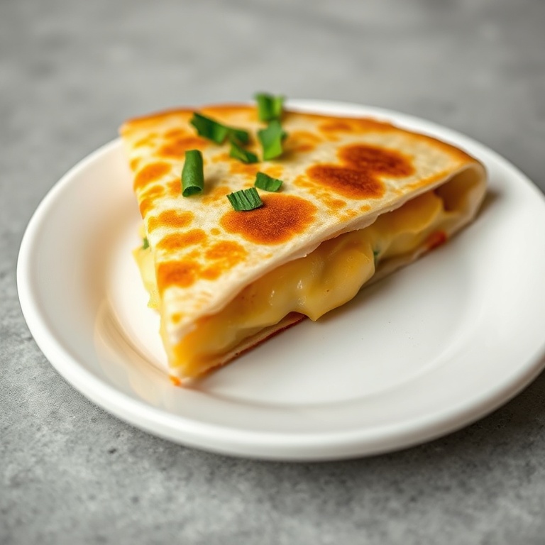 A single perfect golden-brown quesadilla wedge on a small white ceramic plate, topped with a sprinkle of chopped fresh parsley. Crispy edges and bright veggie colors show through. Warm side light highlights textures.