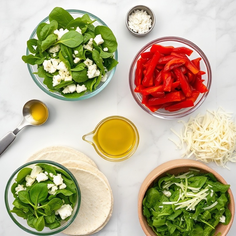 Overhead shot: baby spinach, feta cheese, flour tortillas, roasted red peppers, shredded mozzarella arranged in bowls. Olive oil in a small dish, fresh garlic in a prep bowl, and a lemon wedge with scattered utensils. Everything sits on white marble, bright natural light.