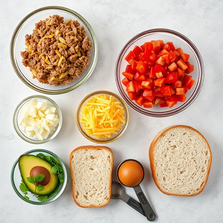All ingredients for an easy Mexican Chopped Cheese Sandwich arranged in a flat lay