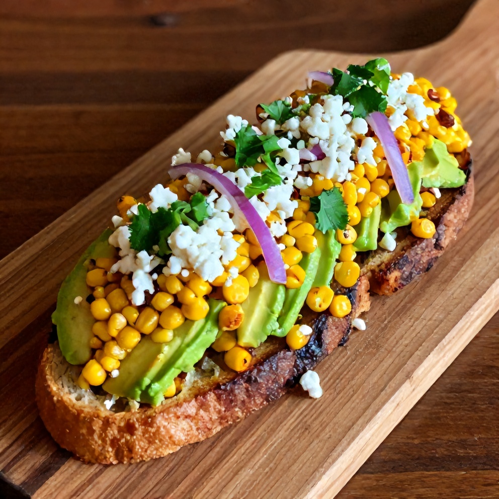 Mexican Street Corn Avocado Toast on a wooden board