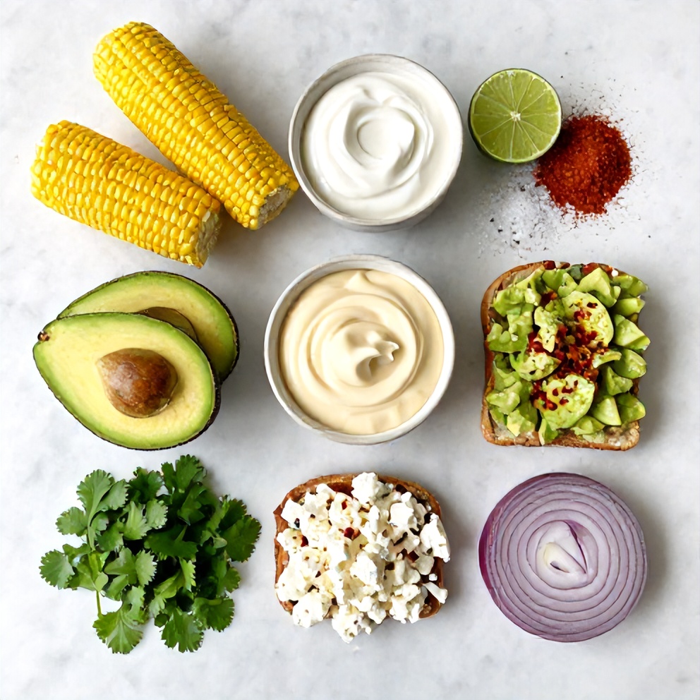 Mexican Street Corn Avocado Toast ingredients on a marble counter