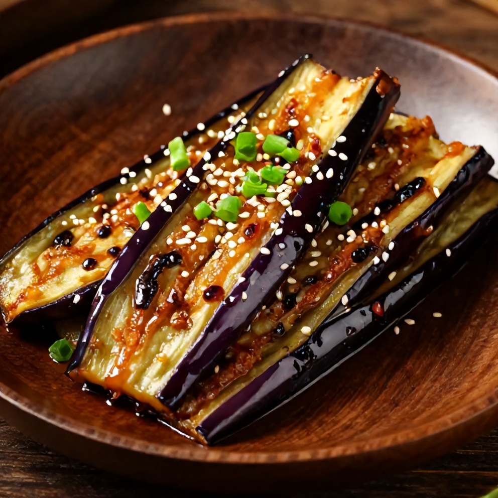 Miso glazed eggplant served on a plate
