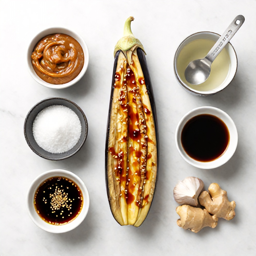 Ingredients for miso glazed eggplant: eggplant, miso paste, mirin, sake, sugar, soy sauce, sesame oil, garlic, ginger