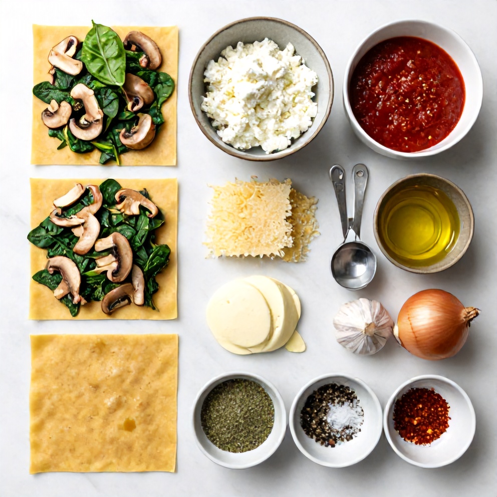 Raw Ingredients for Mushroom Spinach Lasagna