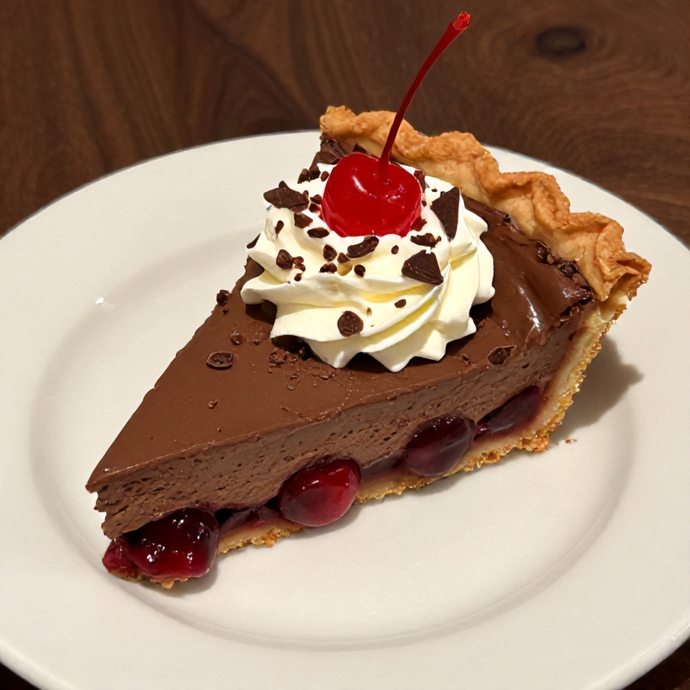 Sliced Easy No-Bake Chocolate Cherry Cream Pie on a dessert plate