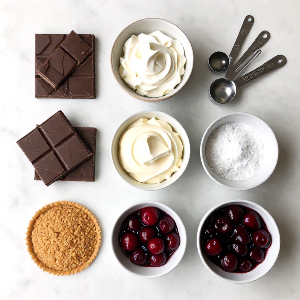 Ingredients for Easy No-Bake Chocolate Cherry Cream Pie on a marble surface