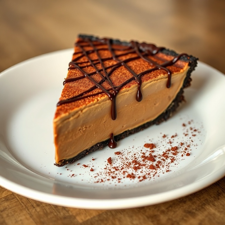 A slice of chocolate peanut butter pie with a drizzle of chocolate and a dusting of cocoa powder.