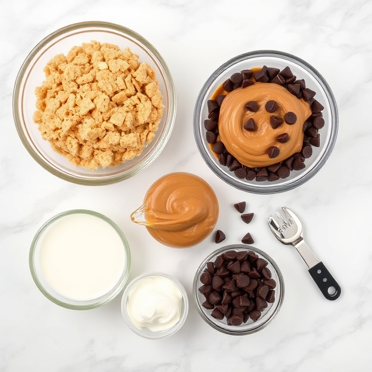 Graham cracker crumbs, peanut butter, chocolate chips, and condensed milk arranged in a flat lay.