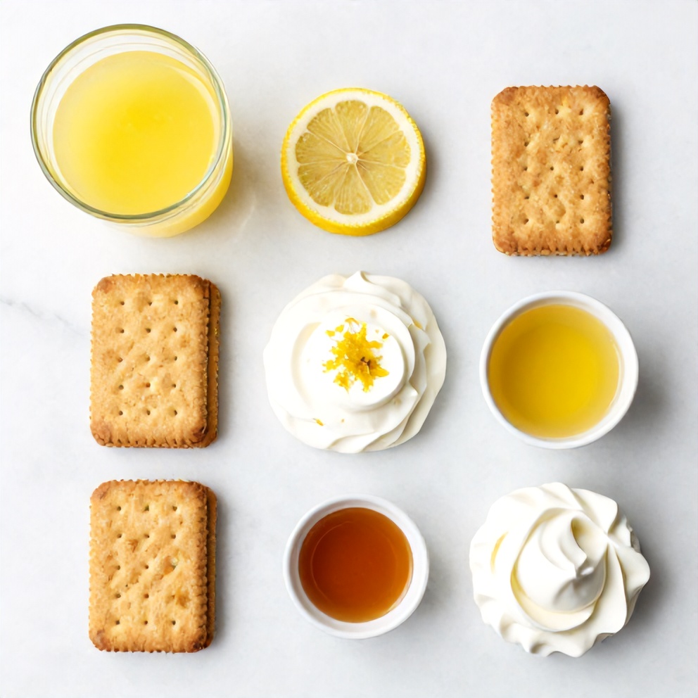 Graham crackers, lemon filling, whipped cream, and lemon slices on a marble surface