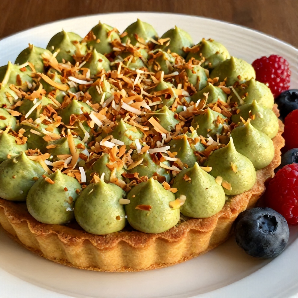 Sliced No-Bake Matcha Coconut Cream Tart on a plate