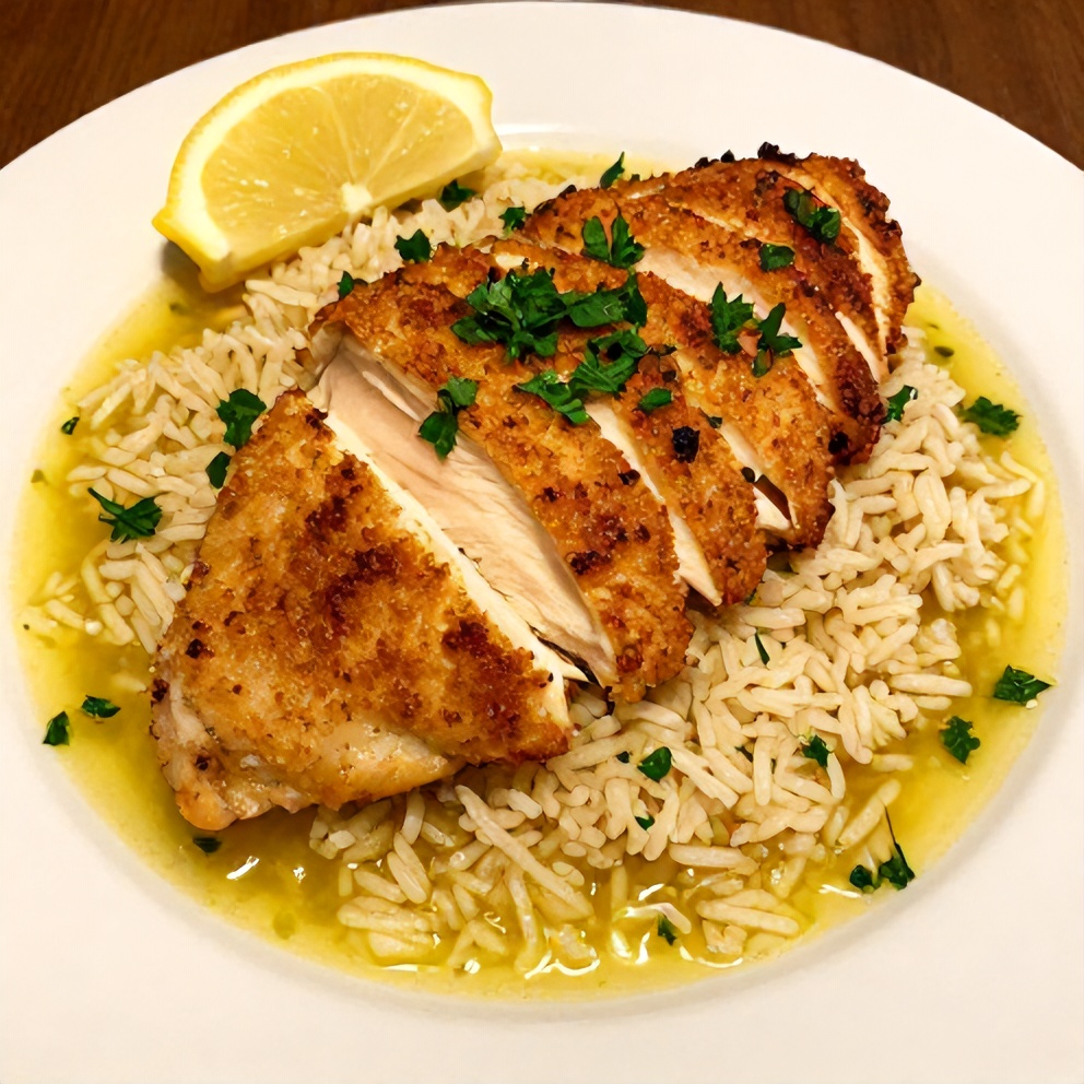 Plated Easy One-Pan Lemon Chicken and Rice Dinner