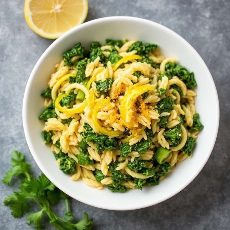 Perfectly plated orzo kale salad. Topped with lemon zest and olive oil. White ceramic bowl with fresh herbs nearby.