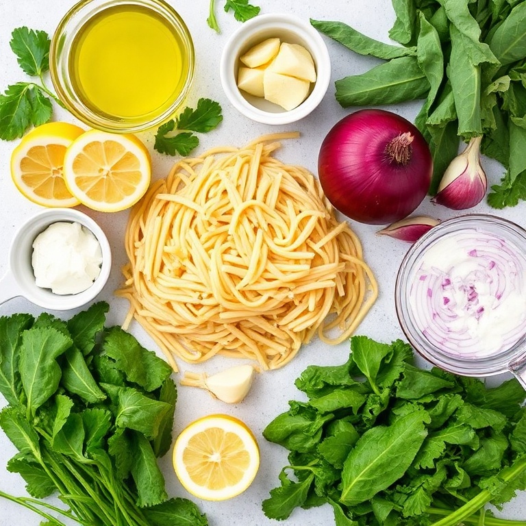 Fresh kale, orzo pasta, lemon slices, olive oil, garlic, and red onion arranged in a flat lay. Measuring cups and bowls visible.