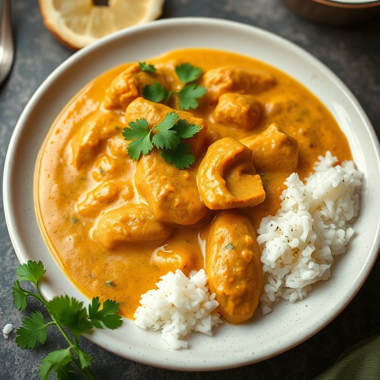 One perfect plate of panang curry with peanut butter and coconut milk. Garnished with cilantro. Close crop. Warm lighting highlights the texture. No text or watermark.