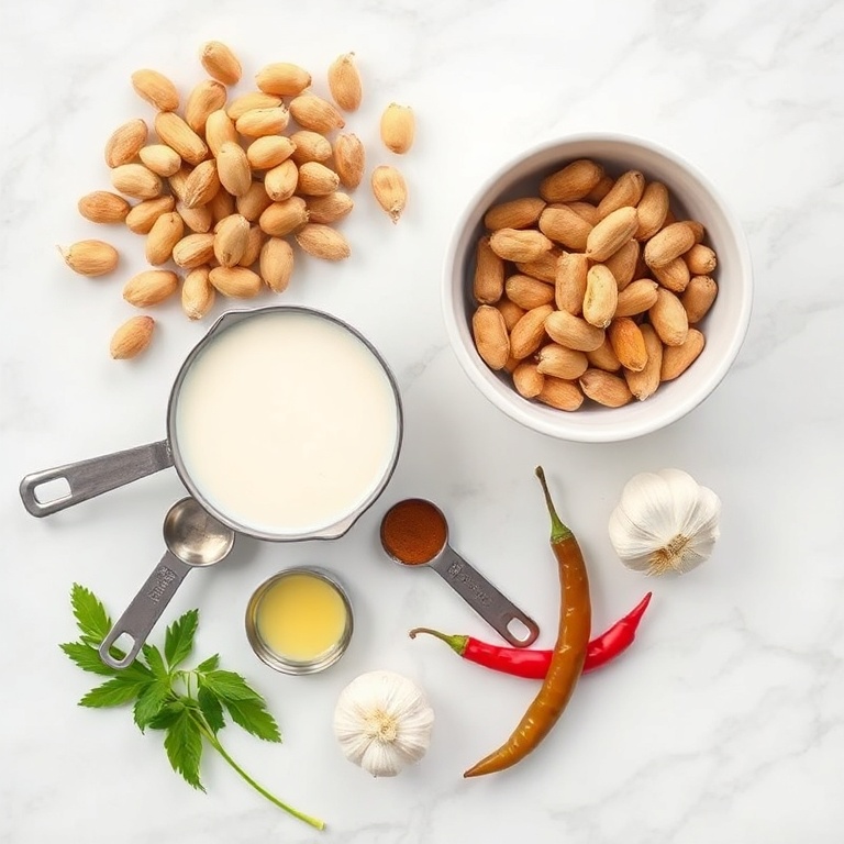 Overhead flat lay of raw ingredients for panang curry. Peanuts, coconut milk, lemongrass, chili, and garlic. Measuring spoons and bowls visible. White marble surface. Bright even light.