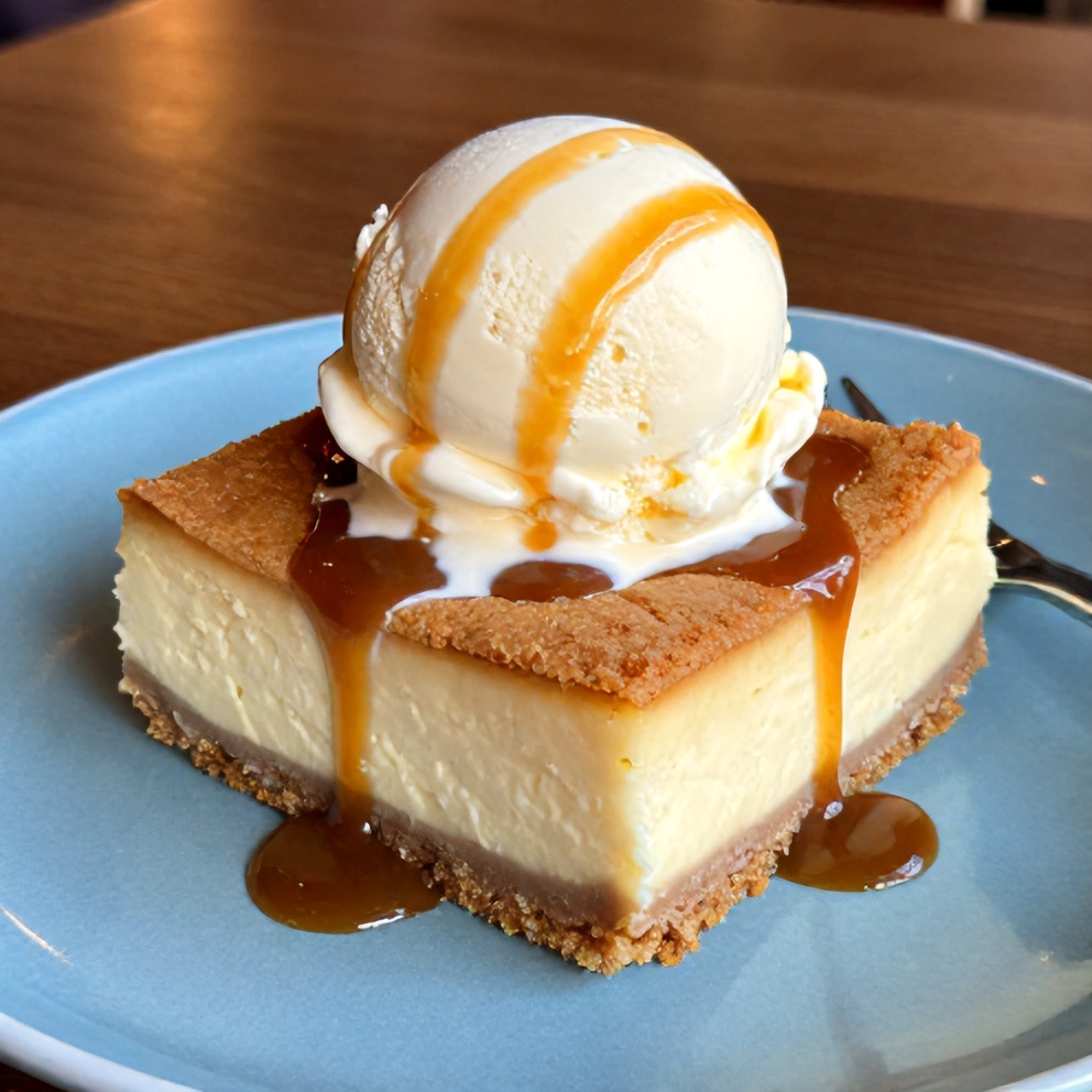 Plated Peach Cobbler Cheesecake Bars with a scoop of vanilla ice cream