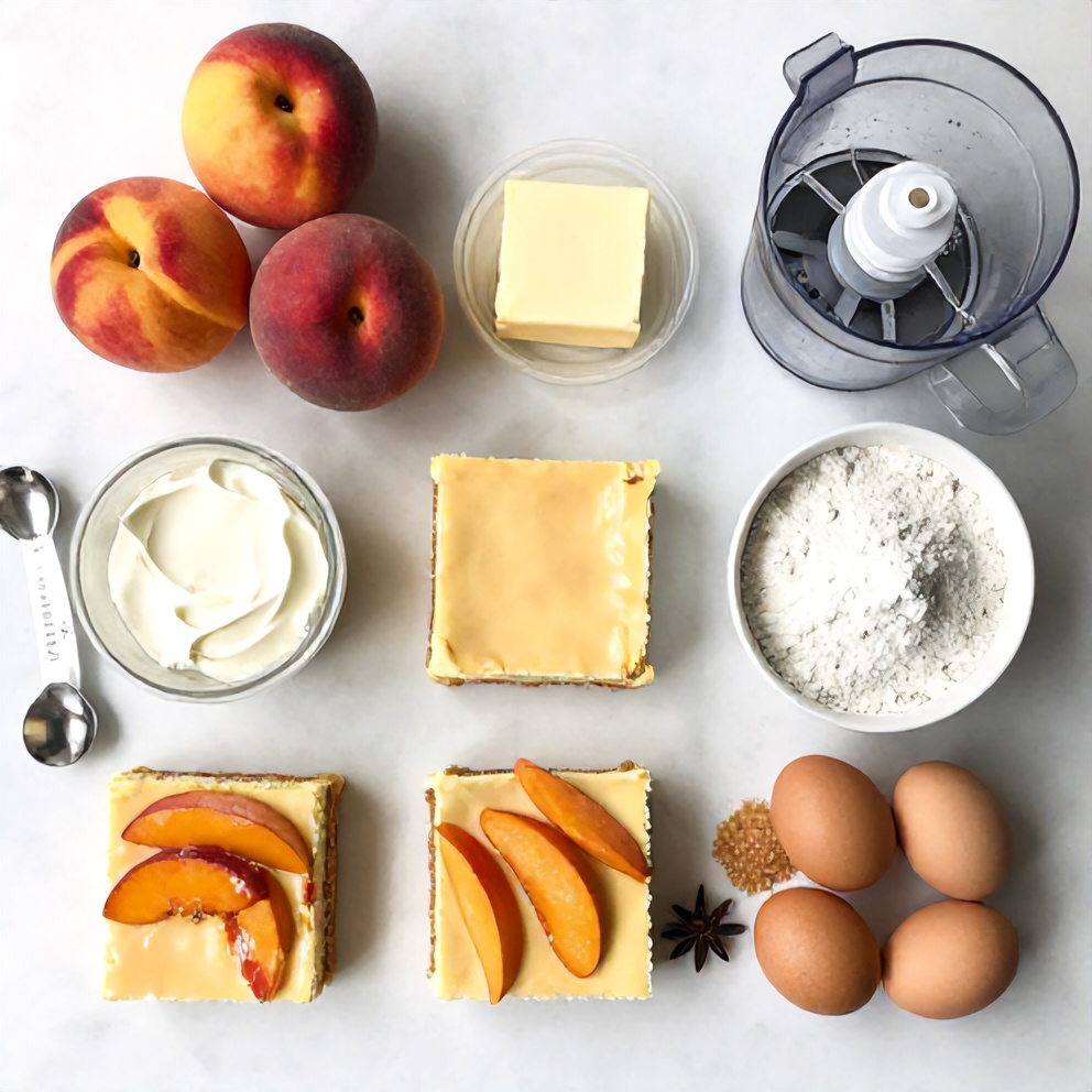 Raw ingredients for Peach Cobbler Cheesecake Bars
