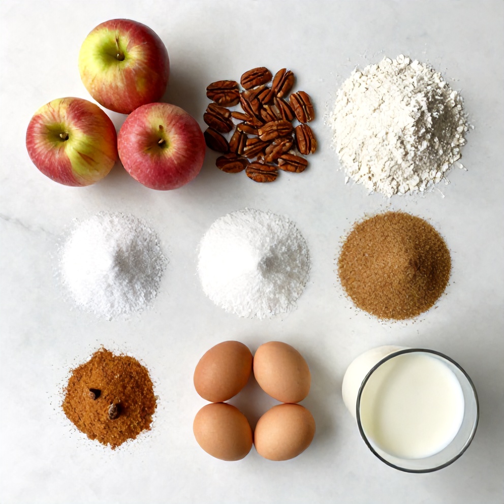 Ingredients for Pecan Apple Crisp Coffee Cake on a marble surface