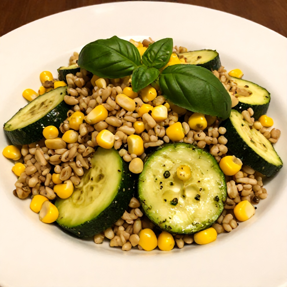 Plated Pesto Zucchini Corn Quinoa Salad with fresh basil