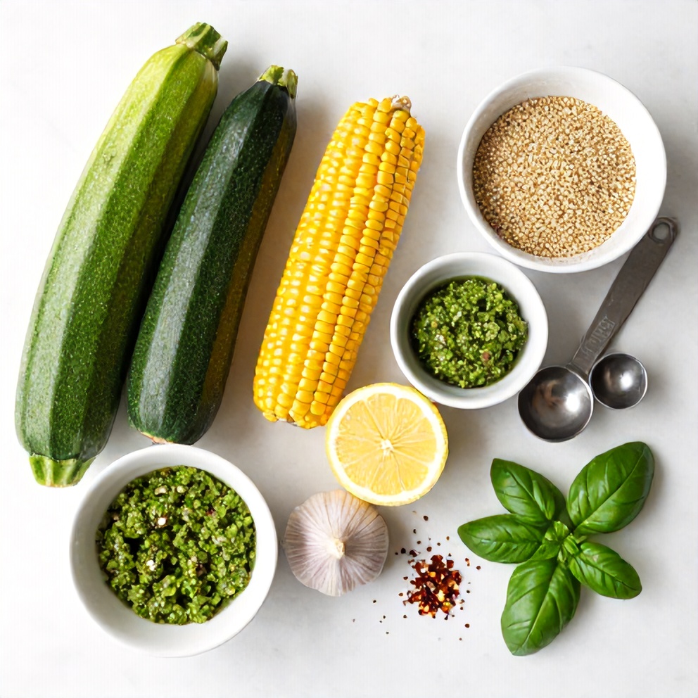 Raw ingredients for Pesto Zucchini Corn Quinoa Salad on a marble surface