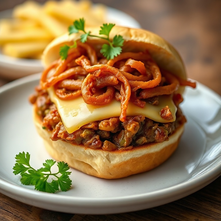 Perfectly plated sloppy joe with provolone cheese and crispy onions. Garnished with fresh parsley. Close crop. Warm side lighting. No text. No watermark.