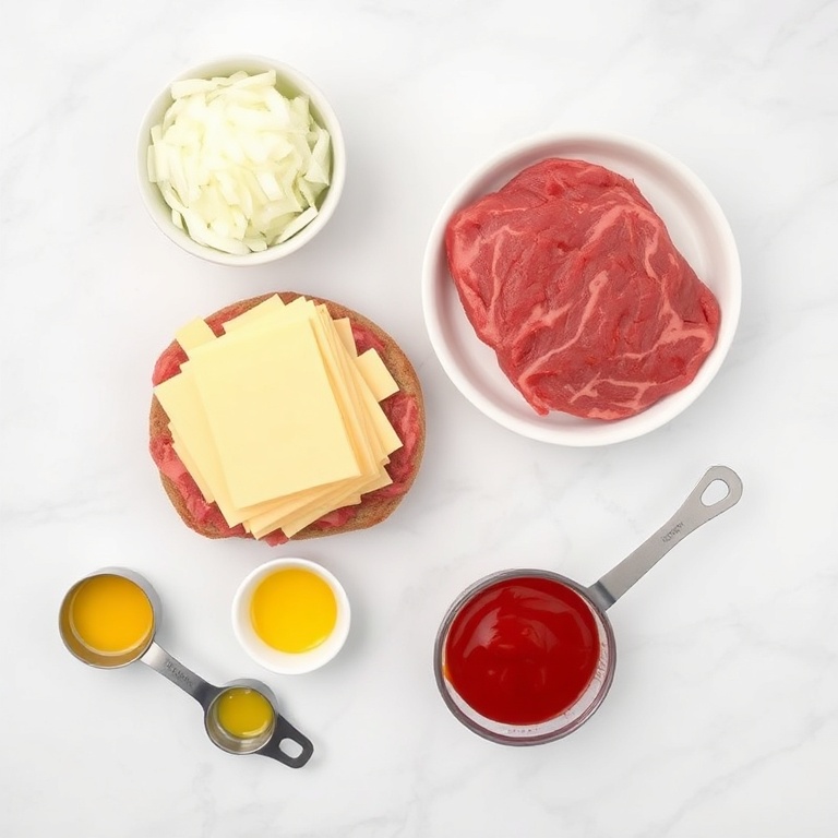 Beef, provolone cheese, onion, ketchup, and mustard arranged in an overhead flat lay. Measuring spoons and bowls visible. White marble surface. Bright even light. No text. No watermark.