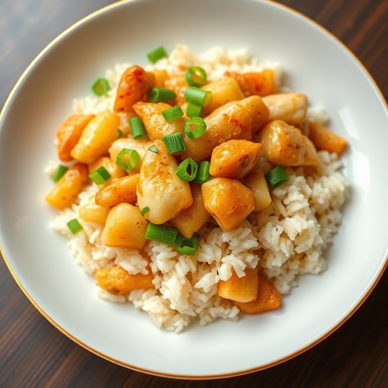 Perfectly plated pineapple chicken rice stir fry with a sprinkle of green onions. White bowl with golden edges.