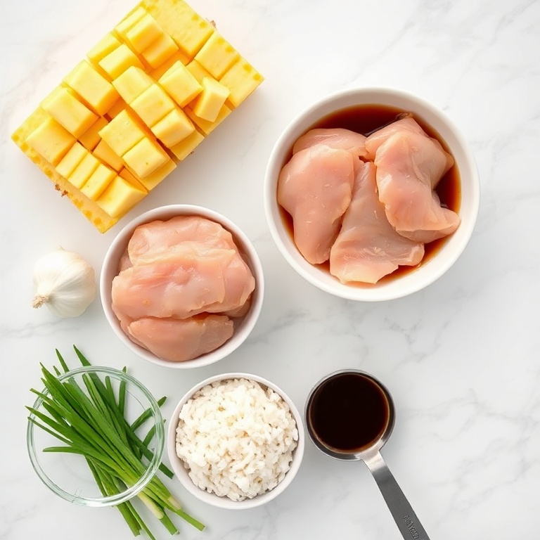 Raw chicken, pineapple, rice, soy sauce, garlic, and green onions arranged in an overhead flat lay. Measuring spoons and bowls visible.