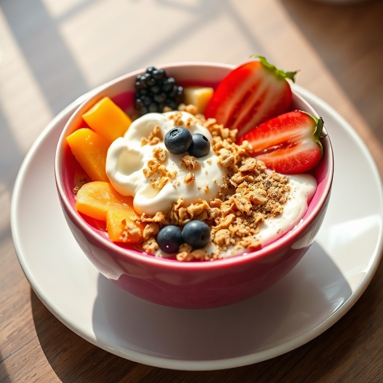 A perfectly plated pitaya bowl with fresh fruit, yogurt, and granola. Bright colors and creamy texture. Warm side lighting. Photorealistic food photography.