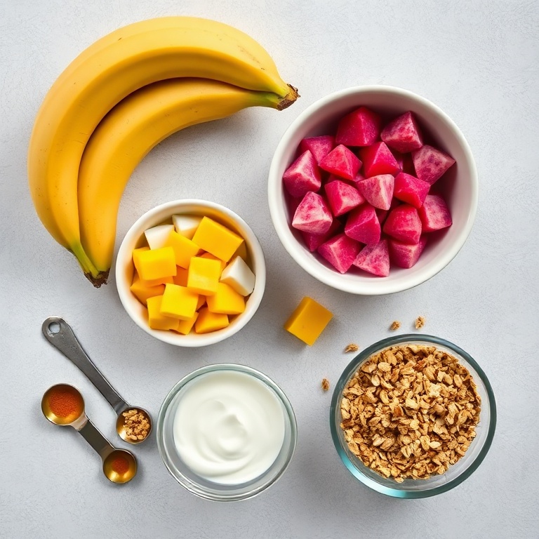 Raw ingredients for a pitaya bowl arranged in a flat lay. Pitaya, banana, mango, yogurt, granola. Measuring spoons and bowls visible. Bright light. Photorealistic overhead food photography.