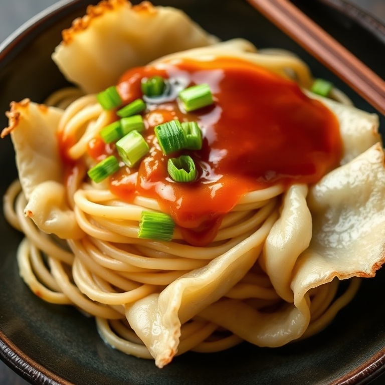 A perfectly plated Easy Potsticker Noodle Bowl with a drizzle of sauce, fresh green onions, and crispy edges. Close-up of the serving bowl with warm lighting.