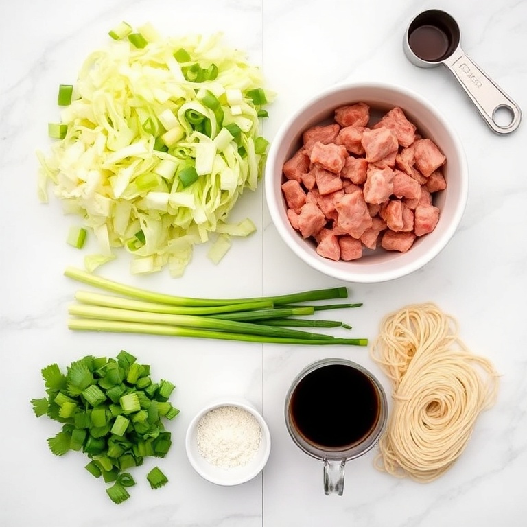 Raw ingredients for Easy Potsticker Noodle Bowl. Ground pork, cabbage, green onions, soy sauce, and noodles arranged in a flat lay with measuring tools nearby.