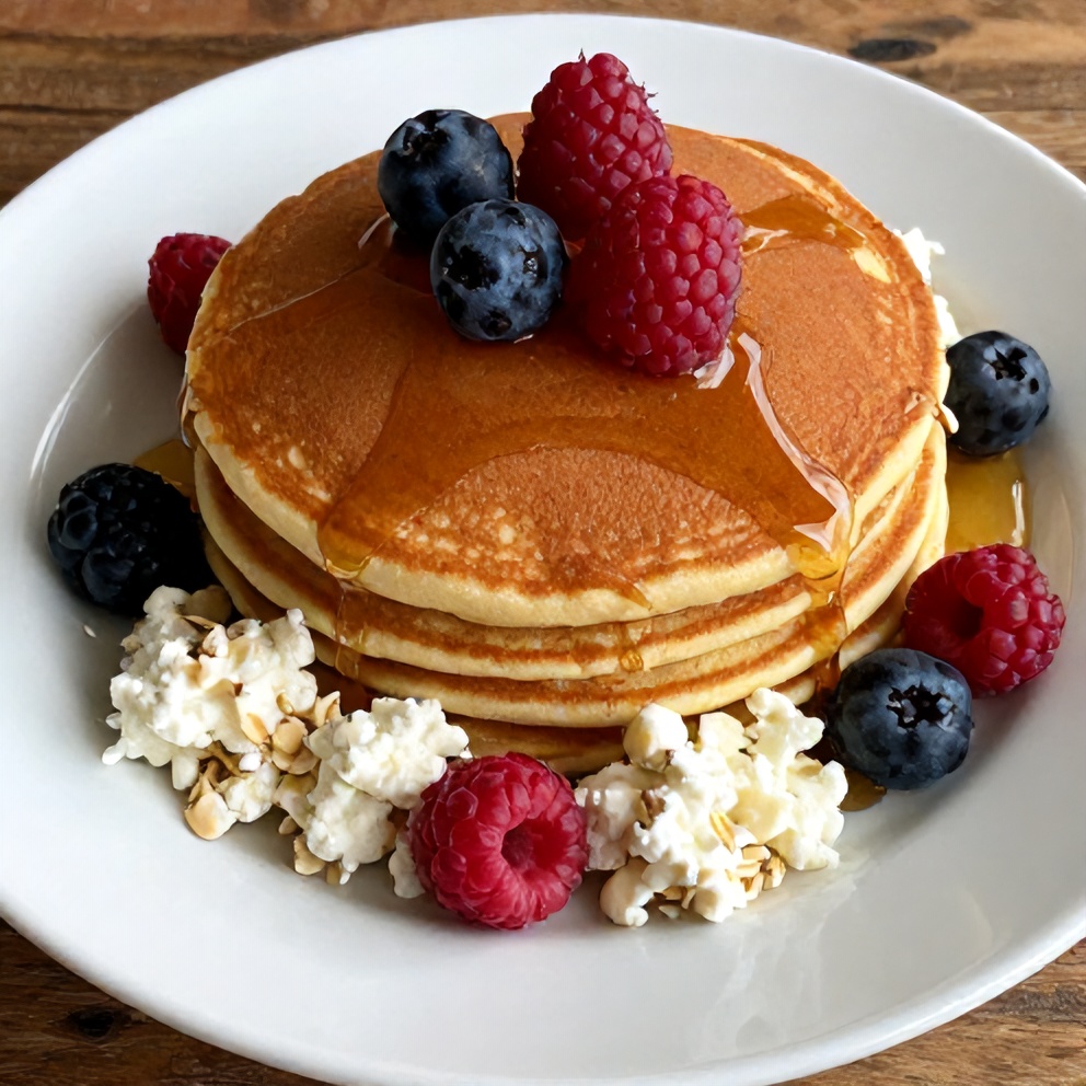 Stack of protein pancakes with cottage cheese and oats