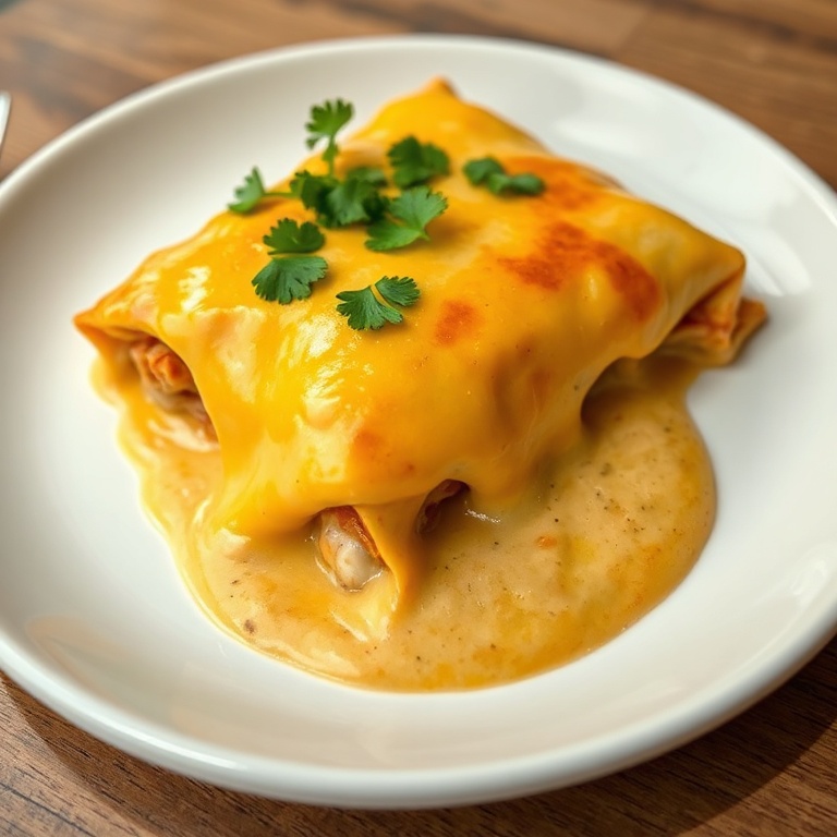 One serving of easy queso chicken enchiladas garnished with fresh cilantro on a white dinner plate under warm light.